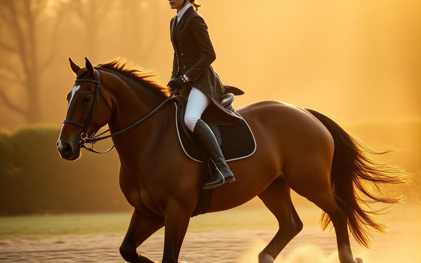 Cavaleiro e cavalo em movimento ao amanhecer